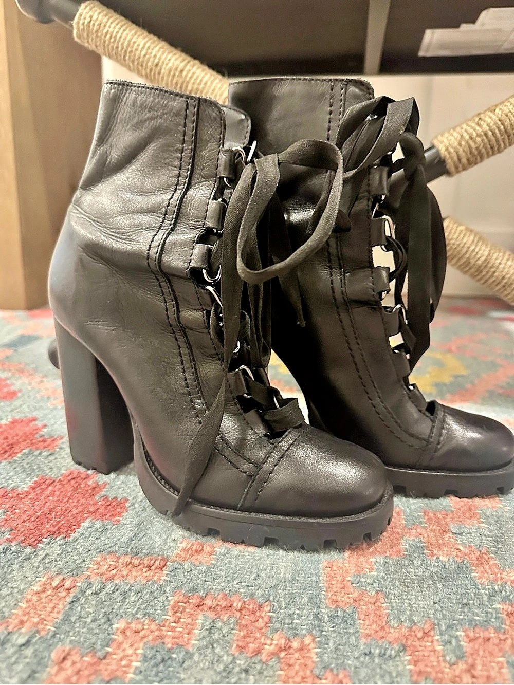 SCHUTZ Black Leather Lace-Up Heeled Combat Boots Size 7.5